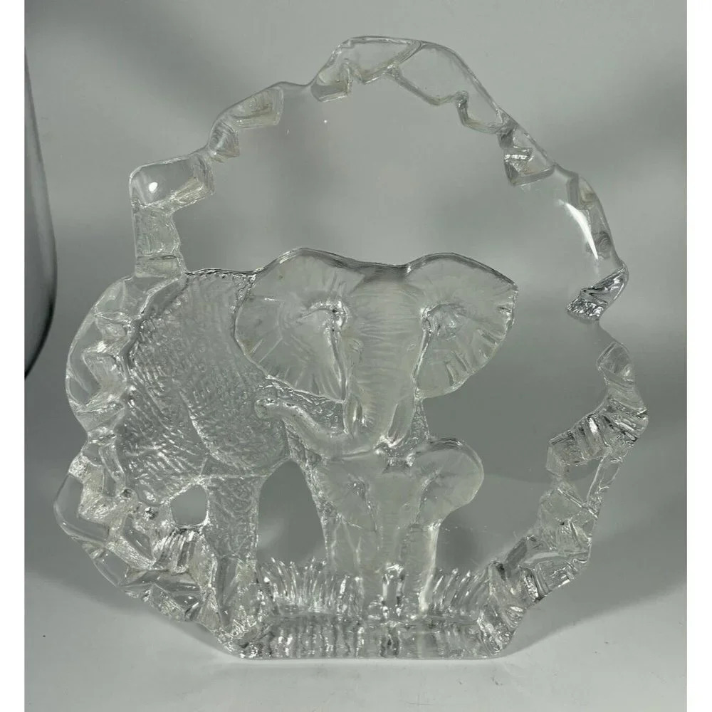 Etched Heavy Glass Elephant Mama Baby Decorative Decor 7"